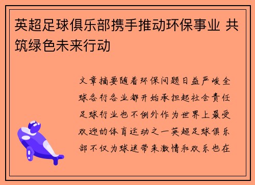 英超足球俱乐部携手推动环保事业 共筑绿色未来行动 英超足球俱乐部携手推动环保事业 共筑绿色未来行动