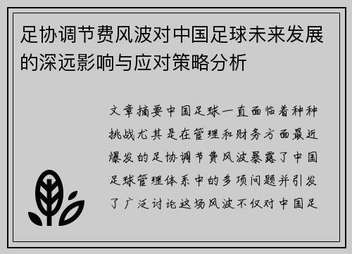 足协调节费风波对中国足球未来发展的深远影响与应对策略分析